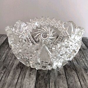 Vtg Pressed Glass Cut Bowl Sawtooth Edge Starburst Pattern Circa 1920s - 1940s